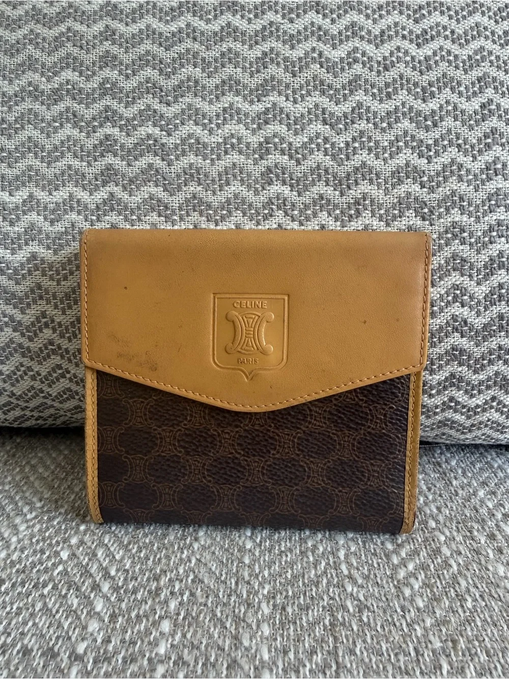 Vintage Celine Macadam Canvas & Tan Leather Bifold Wallet Coin Purse