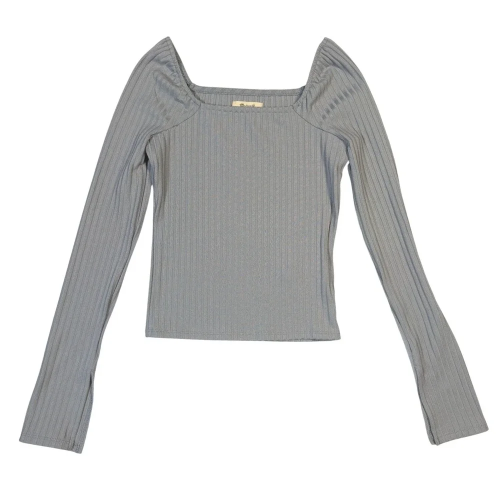 Madewell Ribbed Square Neck Puff Sleeve Top Blue Grey XS CKP477262429