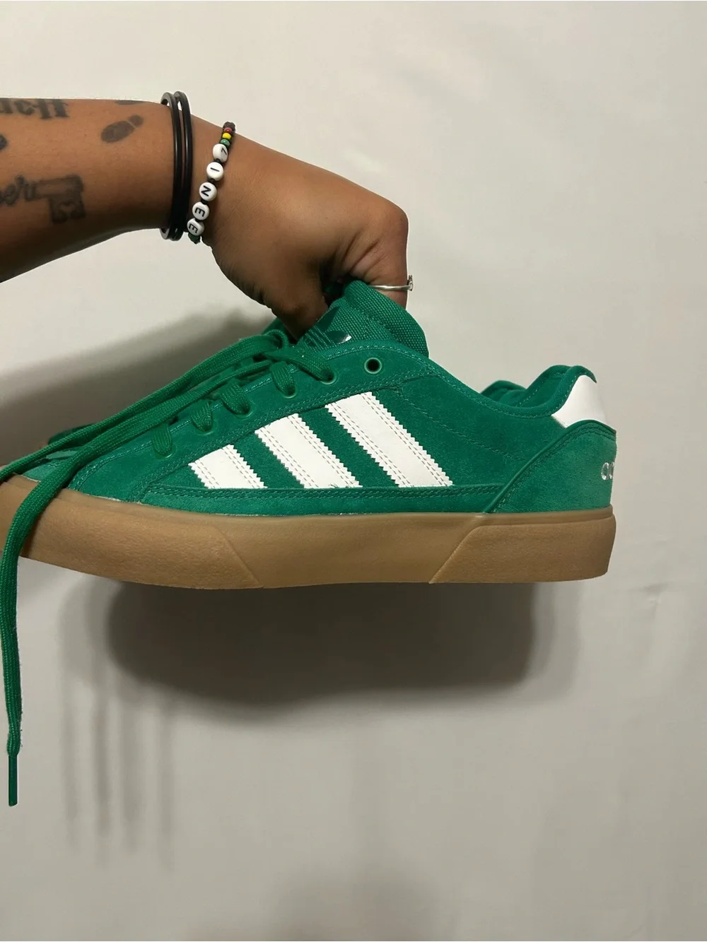 Adidas Court TNS Premiere Green Suede Low-Top with White Stripes and Gum Sole