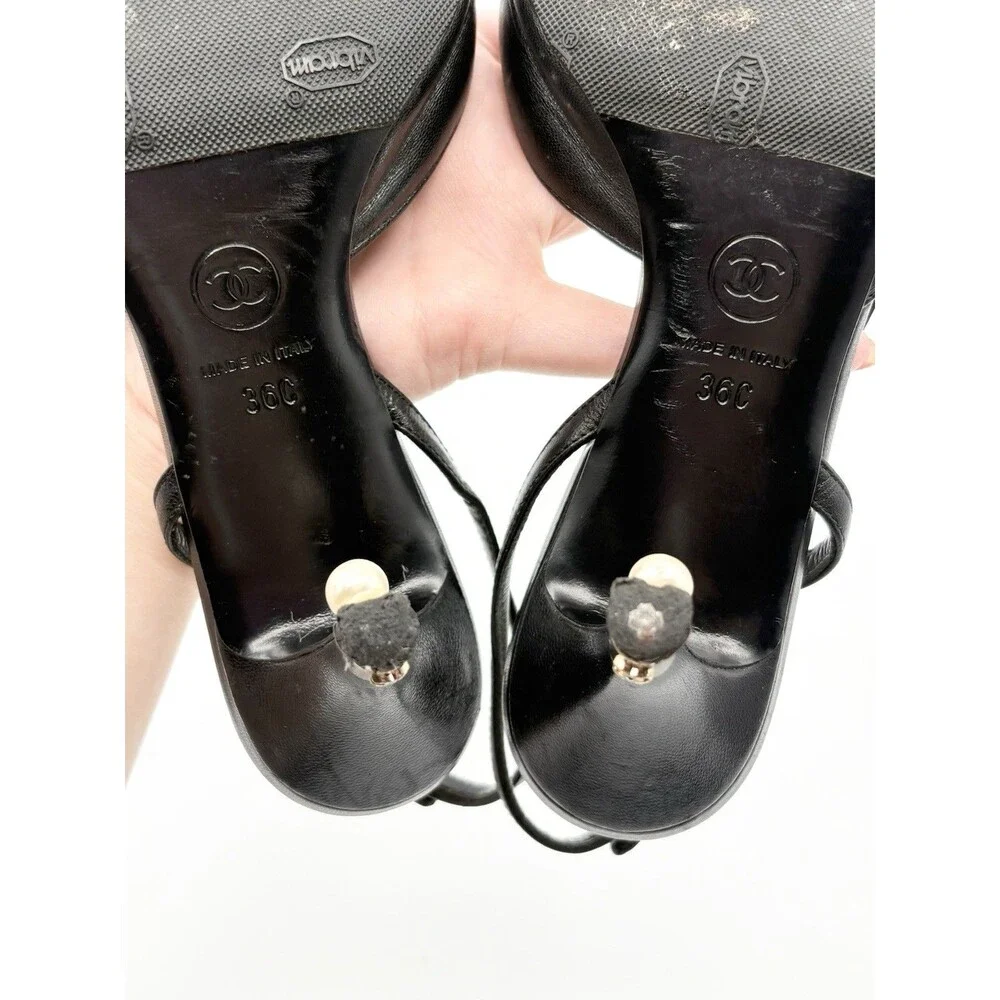 Chanel Black Slingback Heels w/ Pearl Accent Cap Toe Pointed Toe Size EU 36