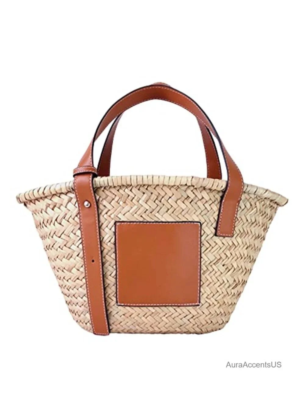 Natural Straw Woven Basket Tote Bag with PU Leather Strap