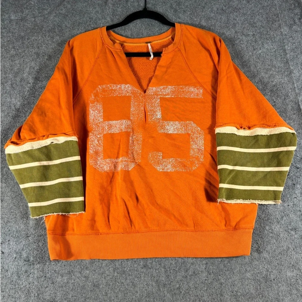 Free People Sweatshirt Womens XS Orange Fleece Lined Graphic Pullover Oversized