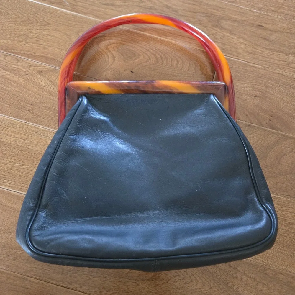 Vintage Marolin Black Leather Handbag Faux Tortoise Lucite Handle Frame MCM Bag