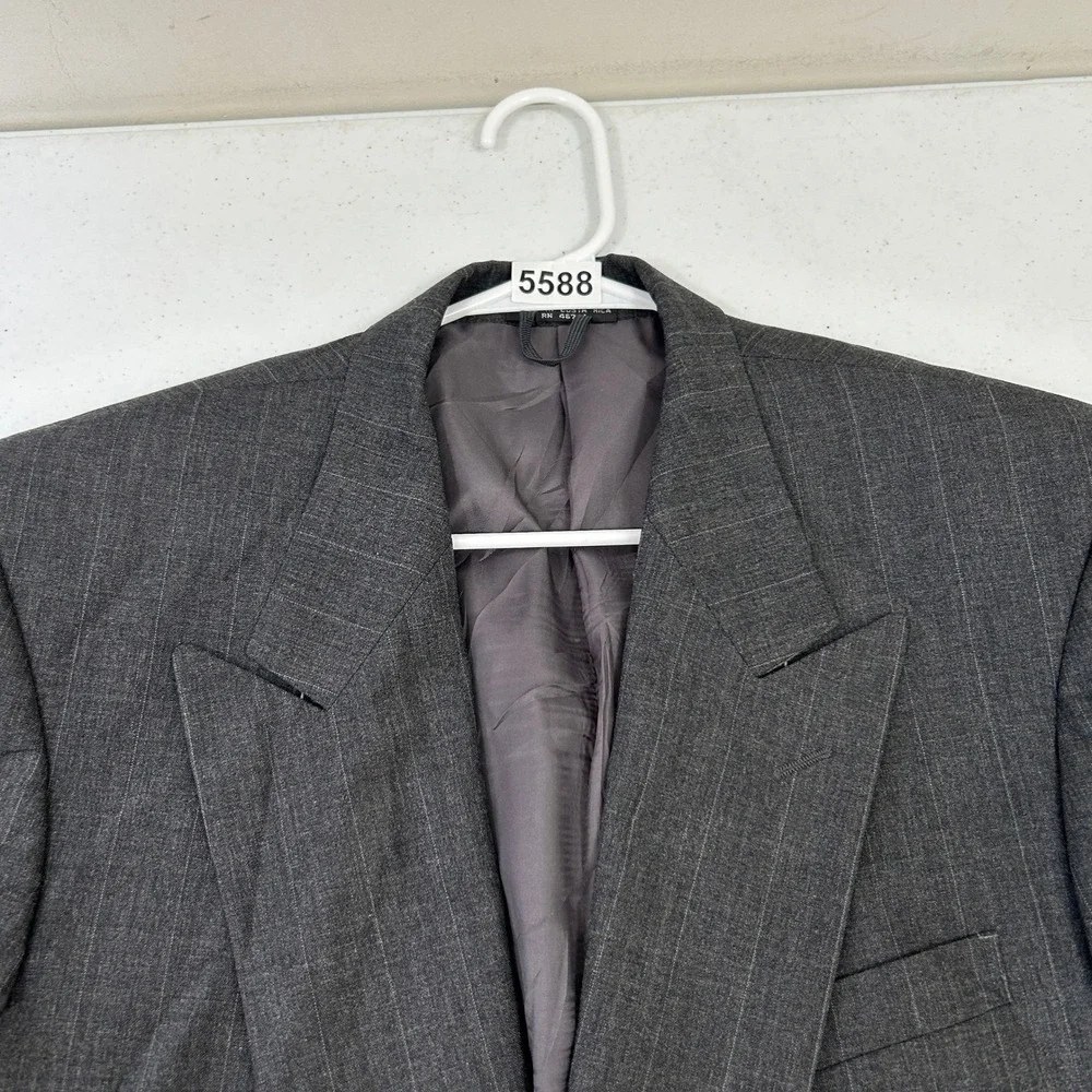 Oleg Cassini Couture Mens Gray Pinstripe Wool Double Breasted Blazer Jacket 44R