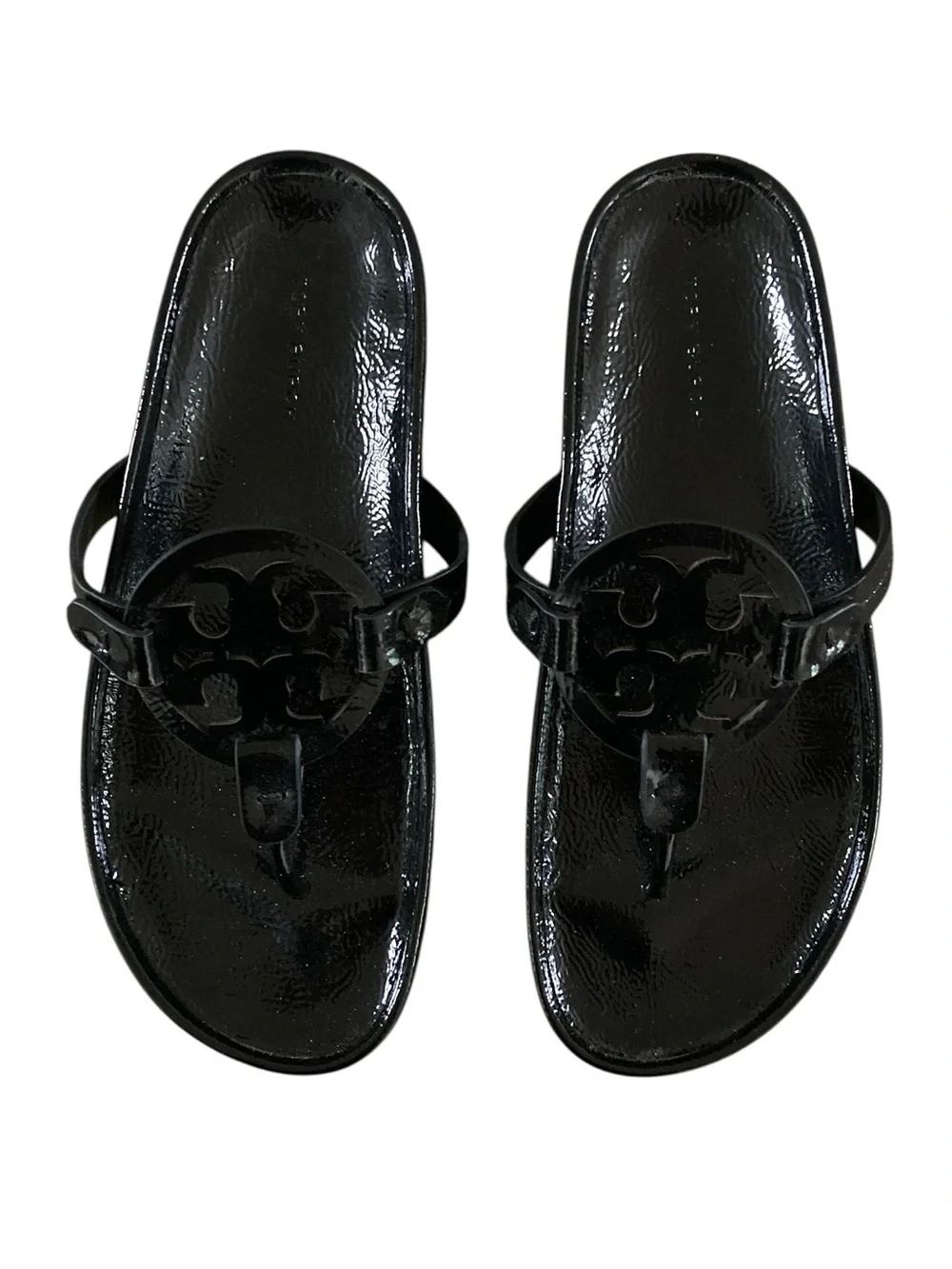 Tory Burch Miller Cloud Lug Sandal NWT Black Patent Leather Logo Cutout Slide