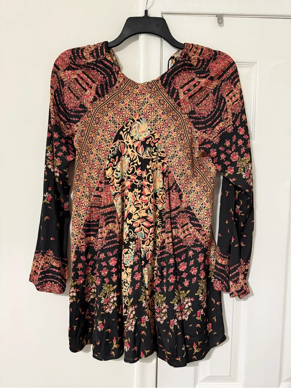 Free People Black Floral Mixed-Print Tunic with Teal and Mustard Accents