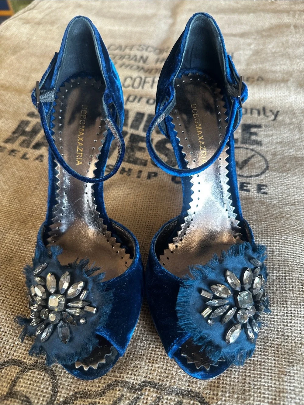 BCBGMaxAzria Royal Blue Velvet Jeweled Peep-Toe Heels