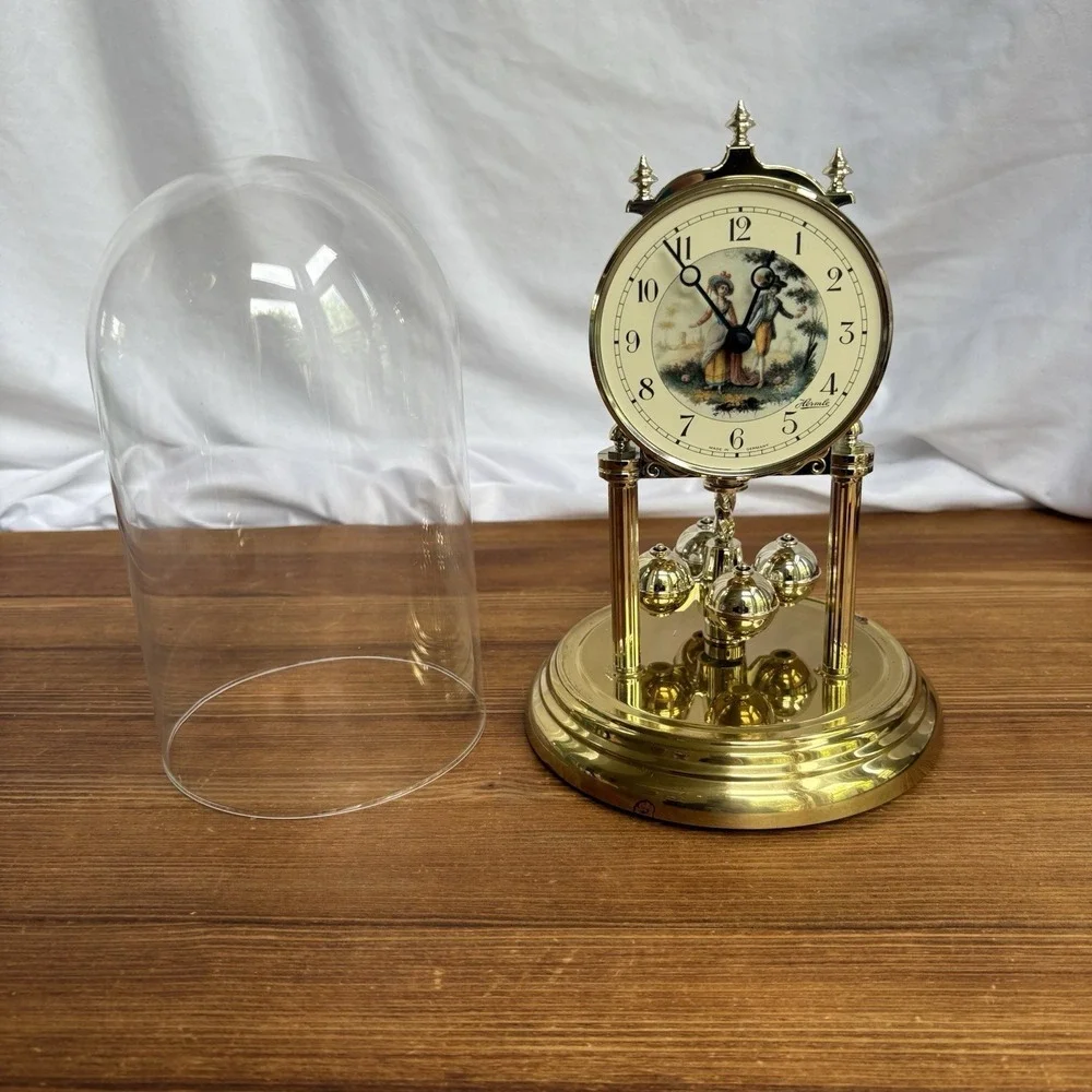 Vintage Hermle Quartz Anniversary Mantel Clock Glass Dome Germany Working