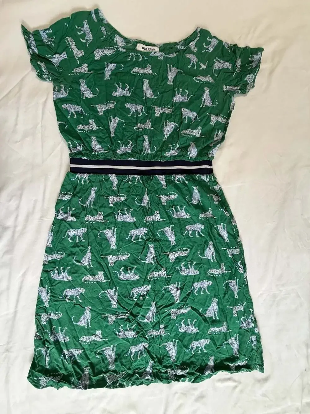 Old Navy Girls XXL 14 Green Cheetah Print Shorts Sleeve Dress Elastic Waist