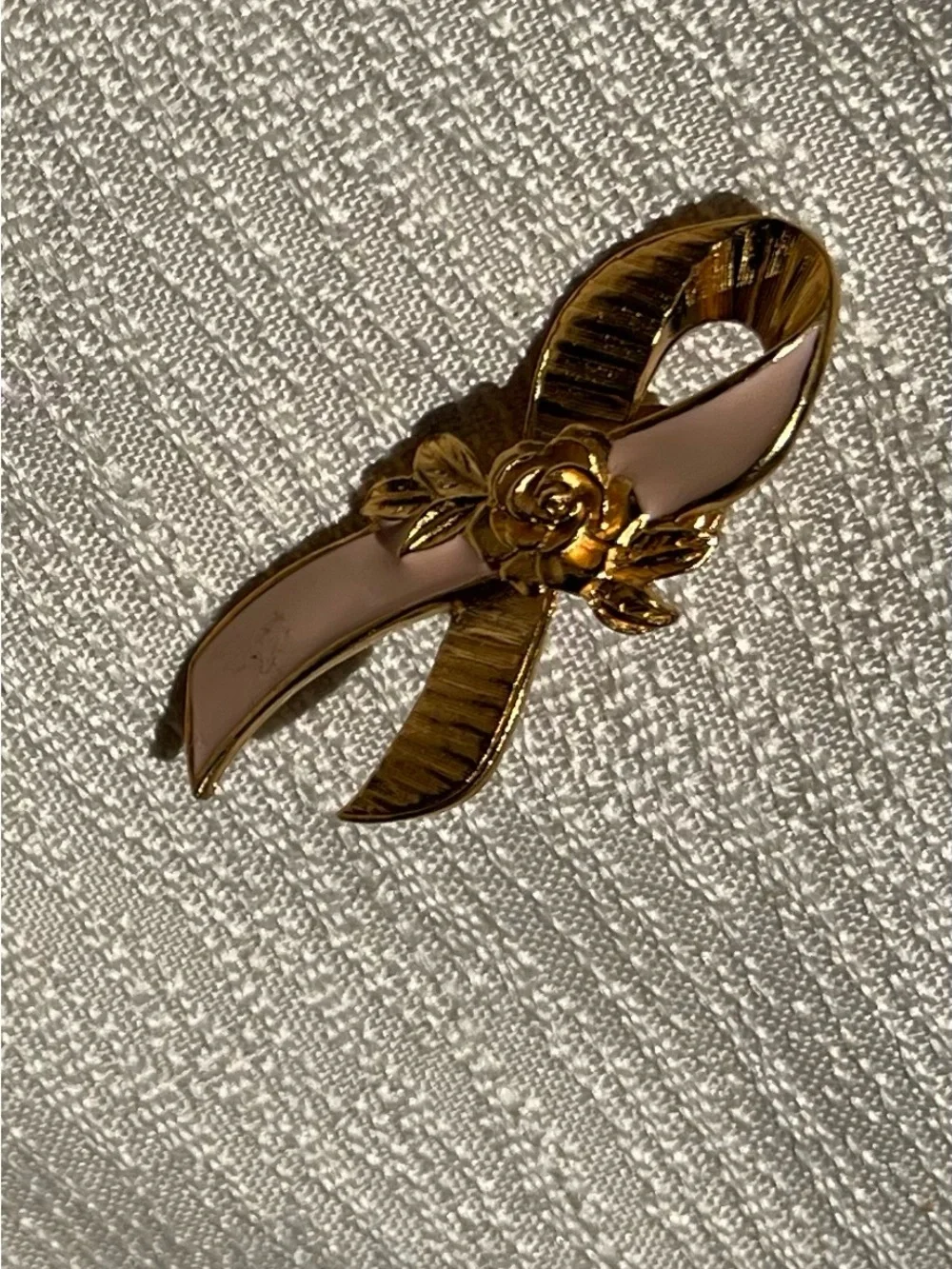 Gold and Pale Pink Ribbon Flower Brooch - Women's Jewelry