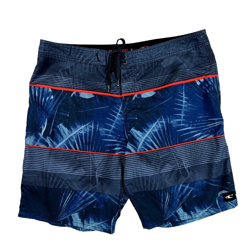 O'Neill Board Shorts Mens 38‎ Blue Tropical Palm Leaf Striped Swim Trunks