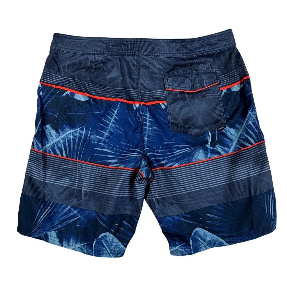 O'Neill Board Shorts Mens 38‎ Blue Tropical Palm Leaf Striped Swim Trunks