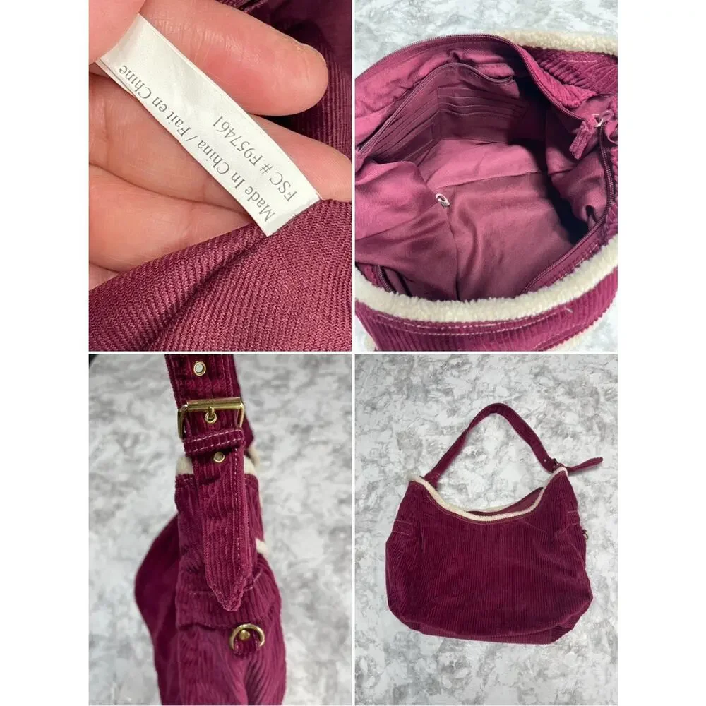 Y2K Indie Sleaze Burgundy Corduroy Sherpa Trim Shoulder Bag Unbranded Hobo Purse