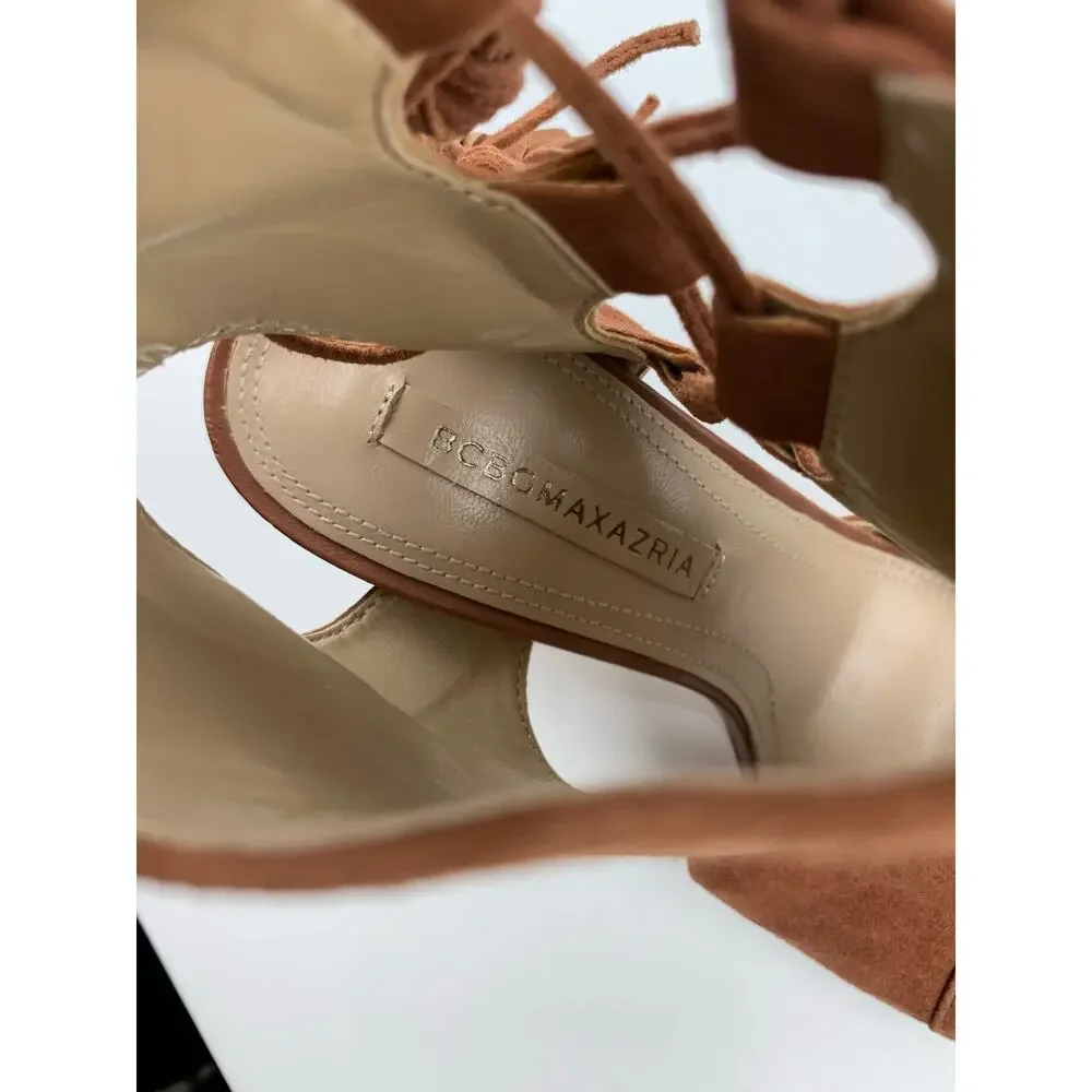 BCBGMaxAzria Brown Suede Heels Booties Open Toe Tassel Lace Up Women's 36 US 6