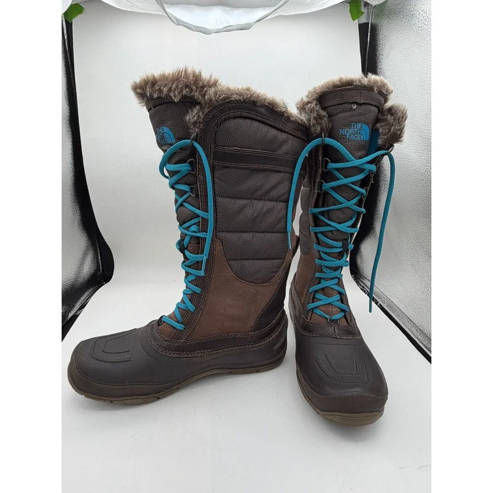 The North Face Women's Winter Snow Boots Brown Blue Faux Fur Waterproof Size 9