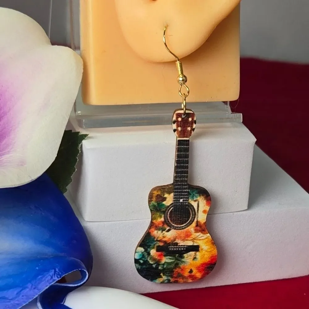 Rustic Floral Guitar Wood Dangle Earrings Boho Artist Statement Musician Gift