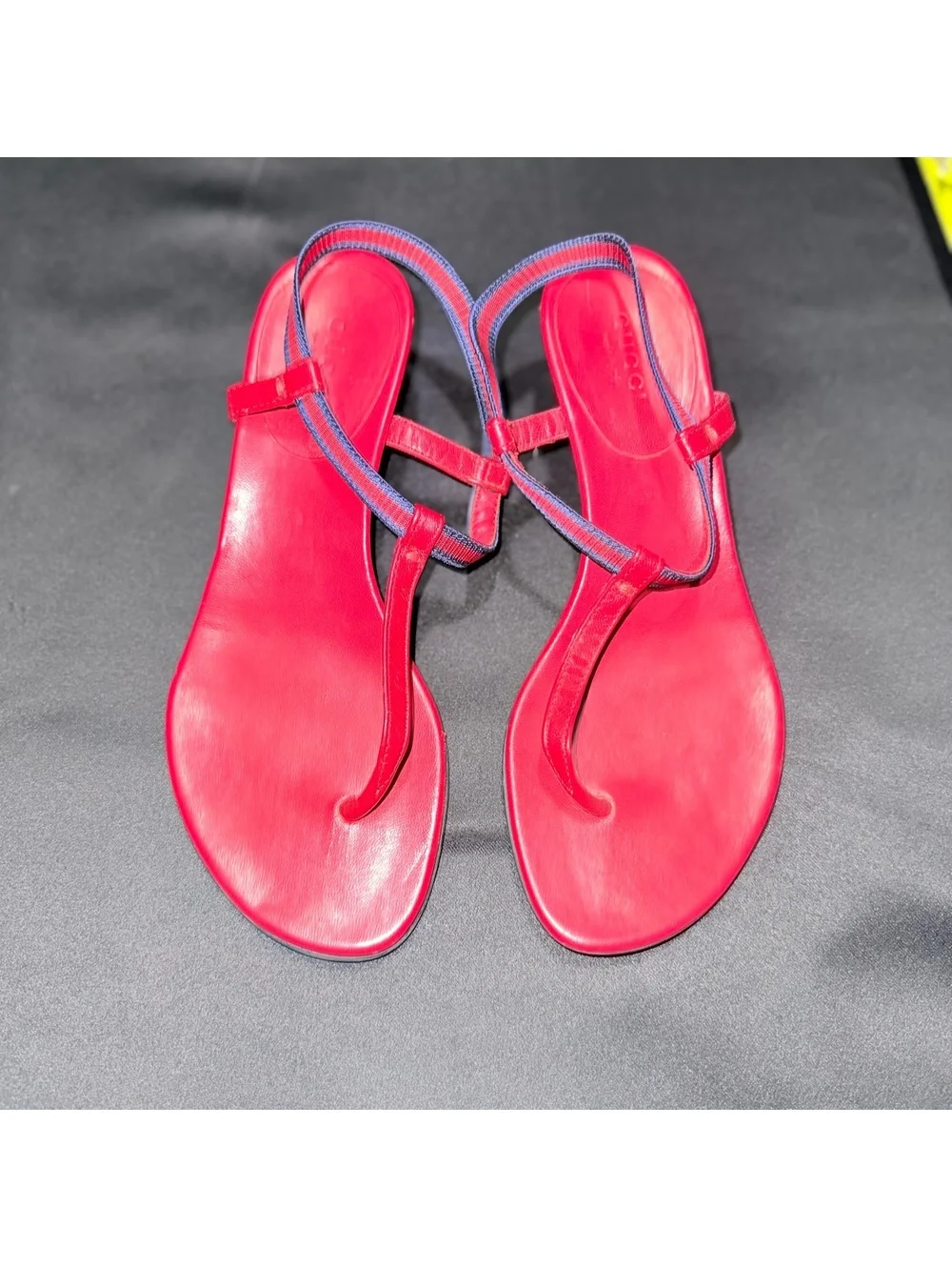 Gucci Red Leather T-Strap Sandals with Blue Trim