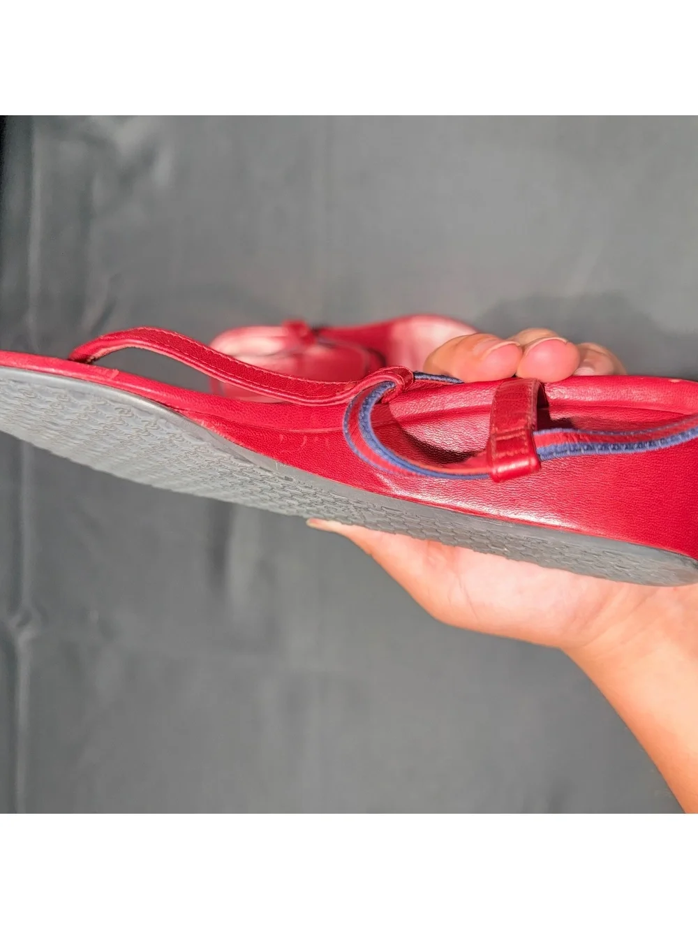 Gucci Red Leather T-Strap Sandals with Blue Trim