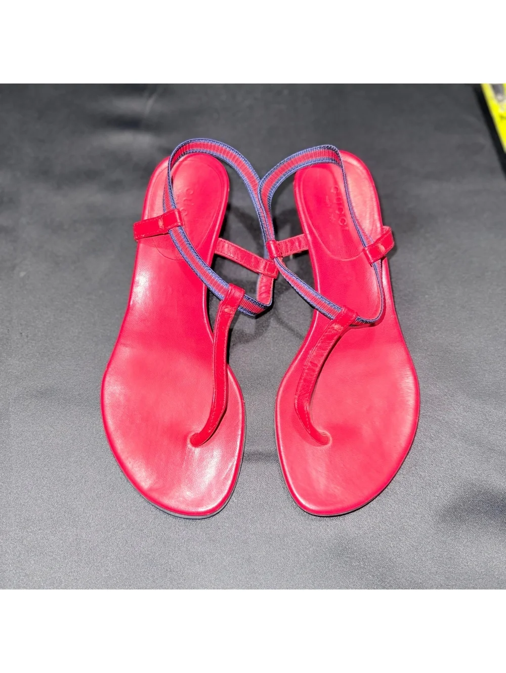 Gucci Red Leather T-Strap Sandals with Blue Trim