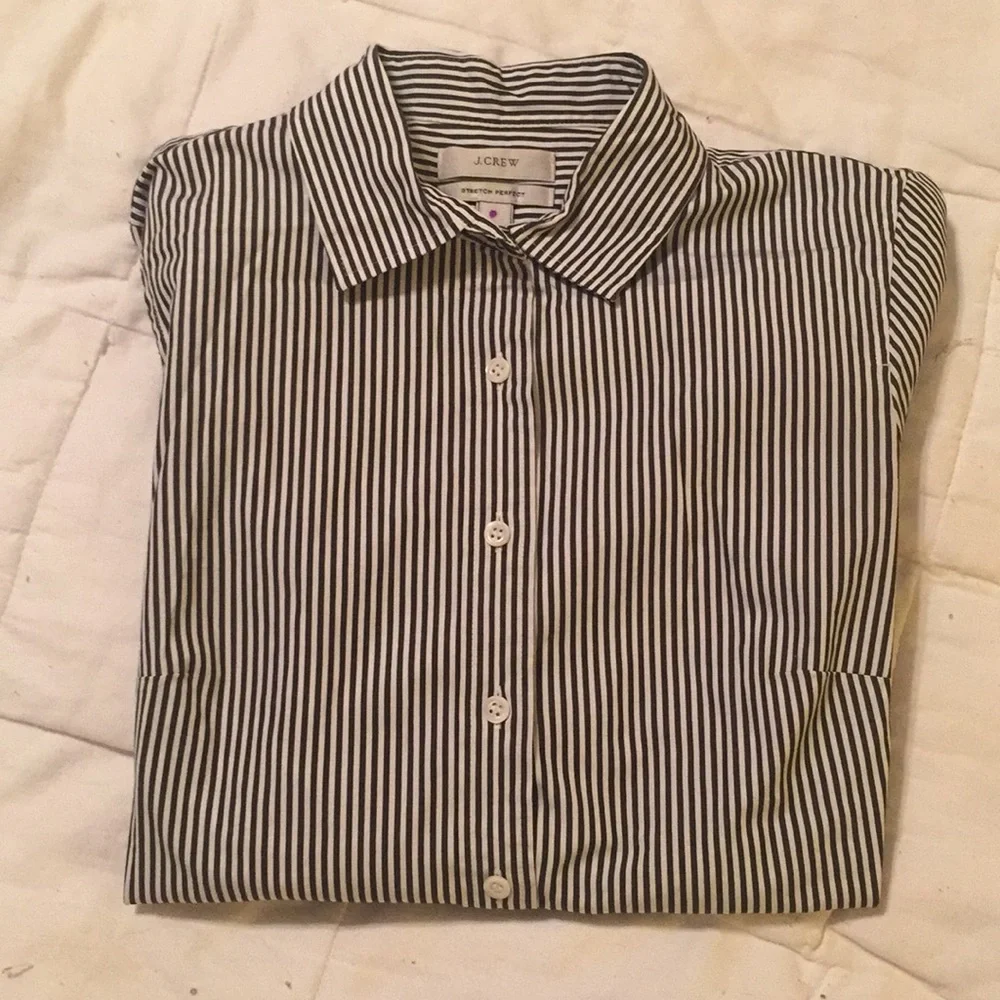 J. Crew Blue White Stripe Oxford Cotton blend Shirt Stretch Perfect