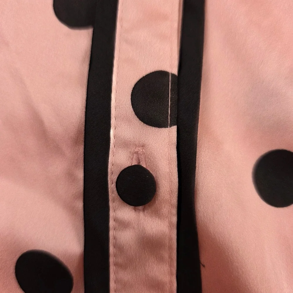 Kate Spade Sleep Shirt Womens Large Pink Polka Dot Satin Button Down Piping 6194