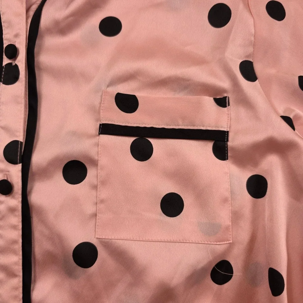 Kate Spade Sleep Shirt Womens Large Pink Polka Dot Satin Button Down Piping 6194