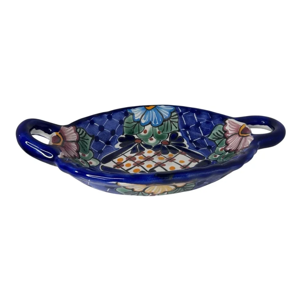 Talavera Mexican Pottery Oval Serving Dish Blue‎ Floral Hand Painted Lead Free