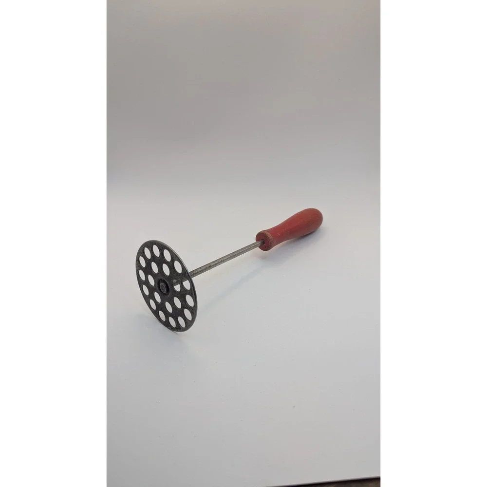 Vintage Potato Masher Red Wood Handle Primitive Metal Kitchen Tool 9 Inch Rustic