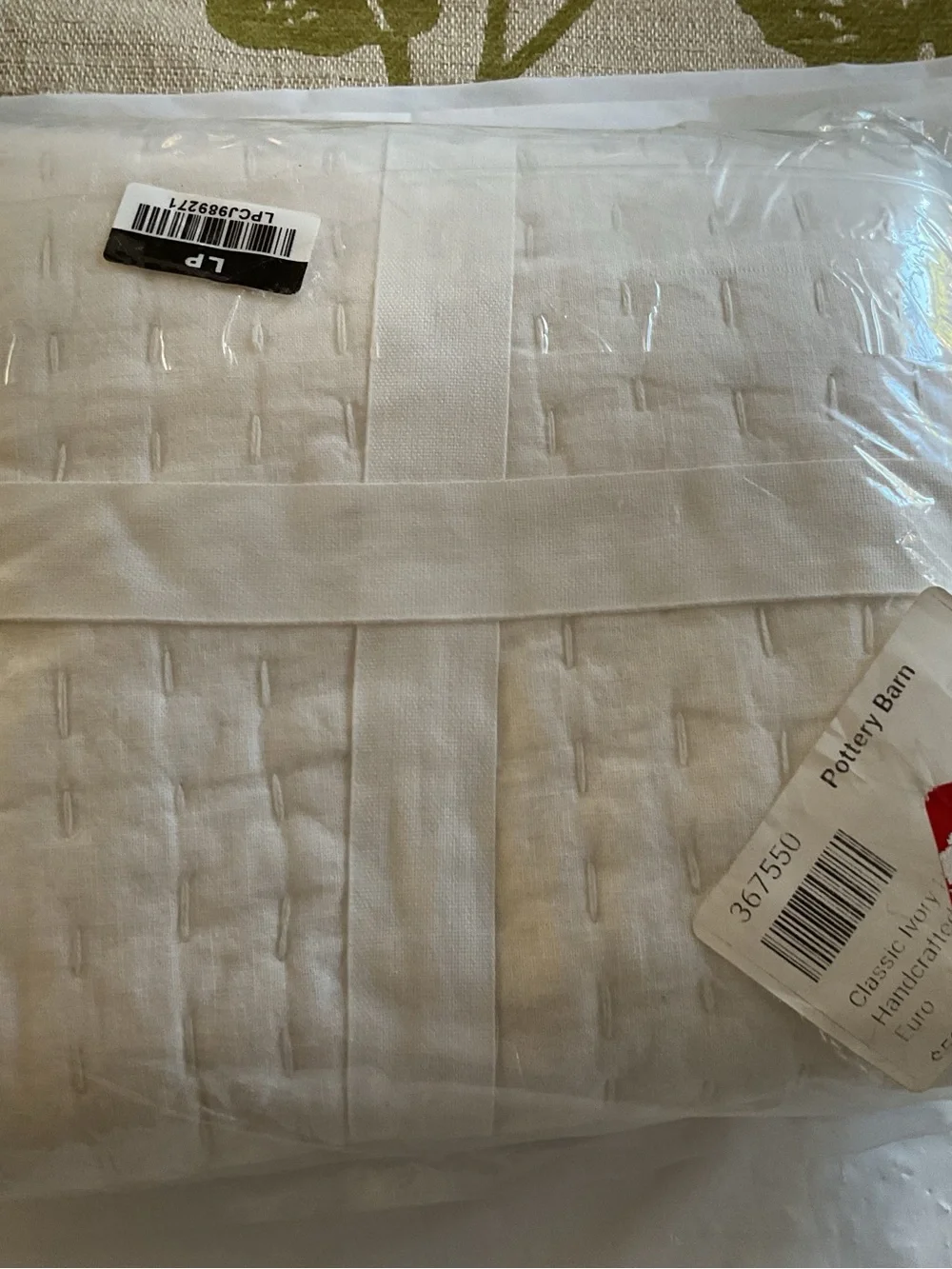 Pottery Barn Ivory Pick-Stitch Handcrafted Quilted Sham Euro 26x26”-New W/Tags