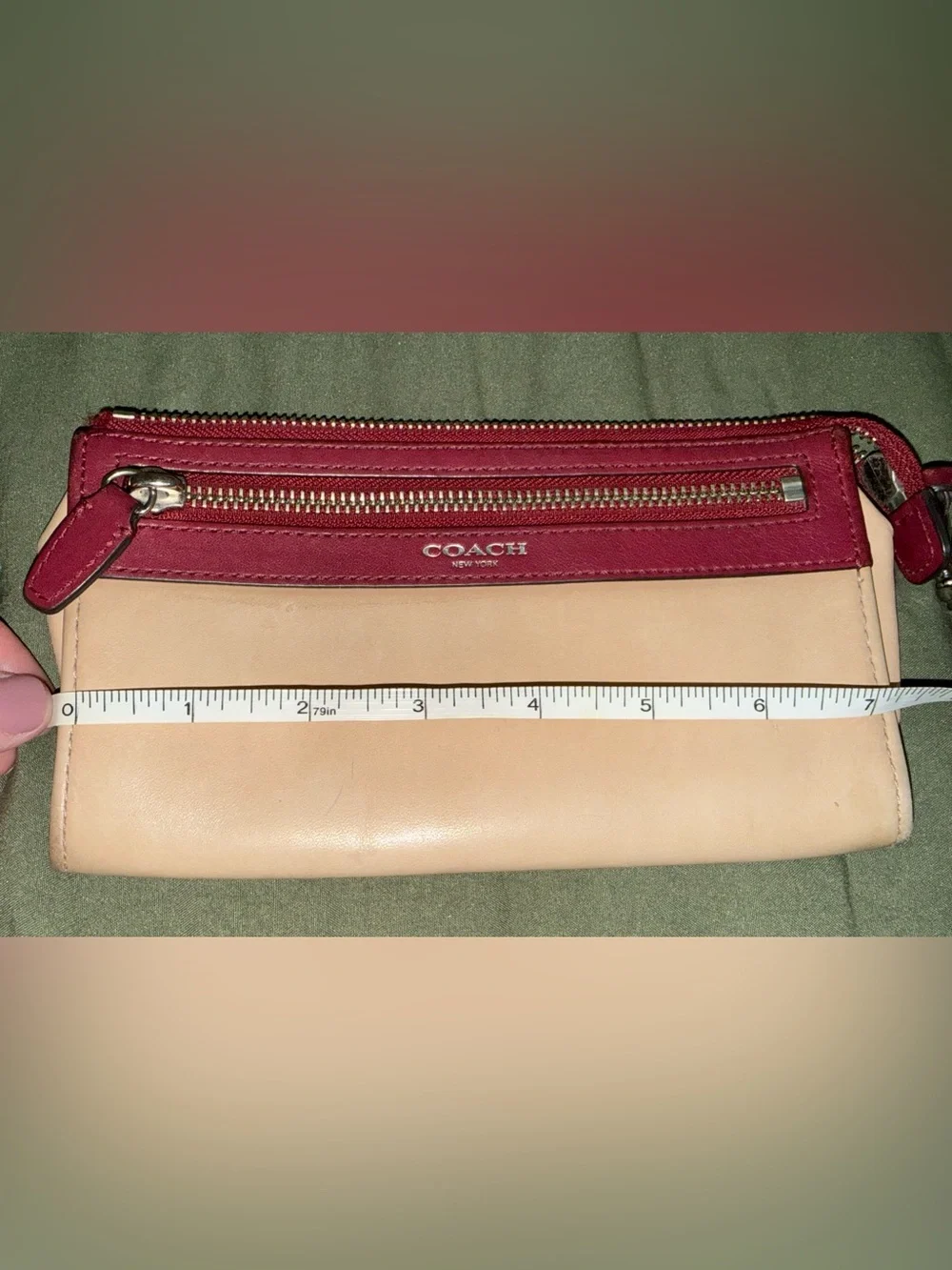 Coach Two-Tone Leather Wristlet — Wine and Beige