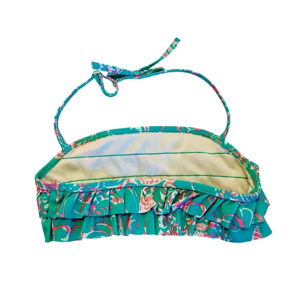Lands’ End Flamingo Ruffle Bikini Swim Top Girls Sz 7 Aqua Pink Halter Swimsuit