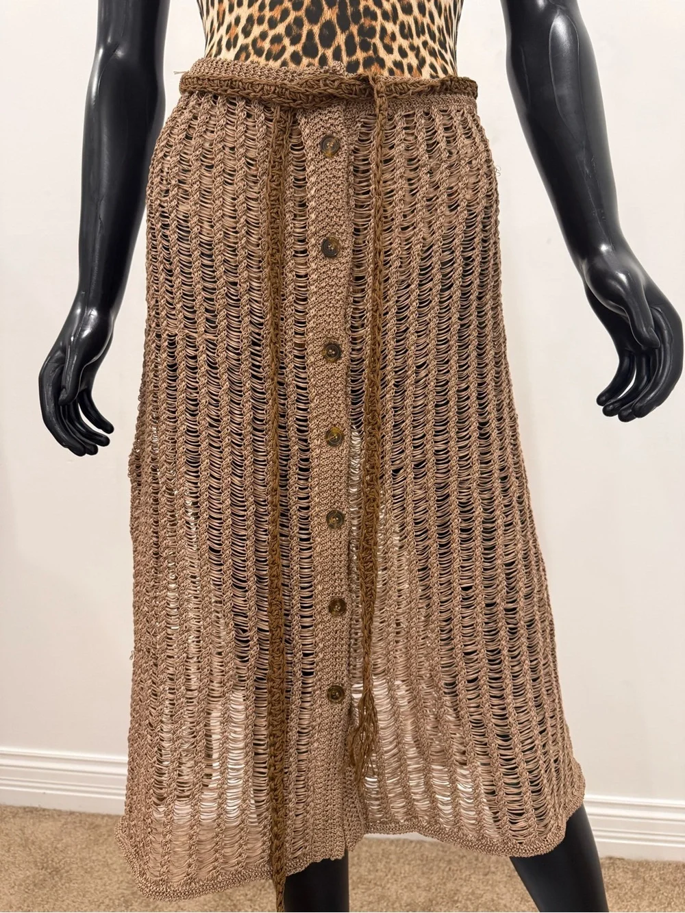 Solid & Striped Crochet Knit Beach Cover Up Skirt Raffia Look Button Front Tie S