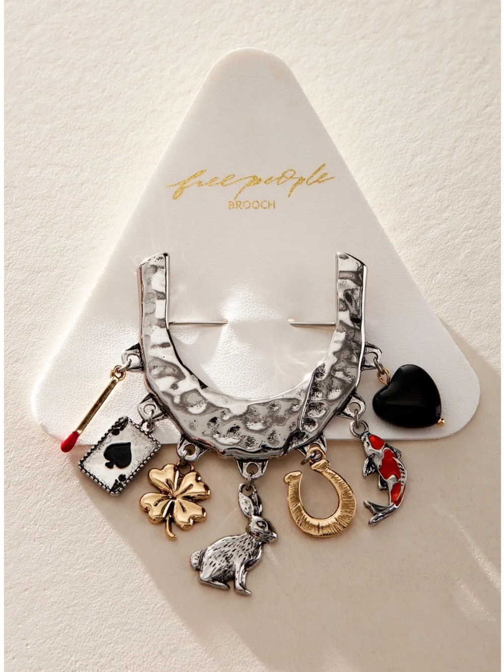 Free People Silver & Gold Lucky Horseshoe Charm Brooch with Enamel Accents