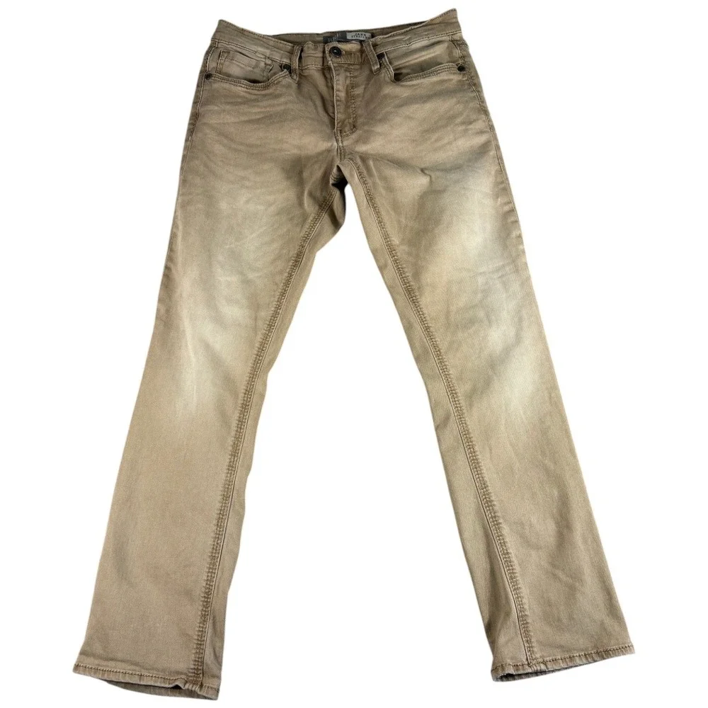 BKE Casuals Jake Straight Jeans Mens 33R Tan Khaki Denim Faded Rugged Workwear