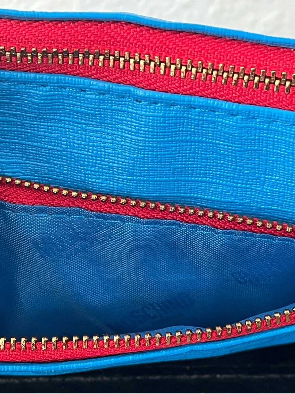 Moschino Bright Blue Cosmetic Pouch with Red Trim and 'Fresh' Charms