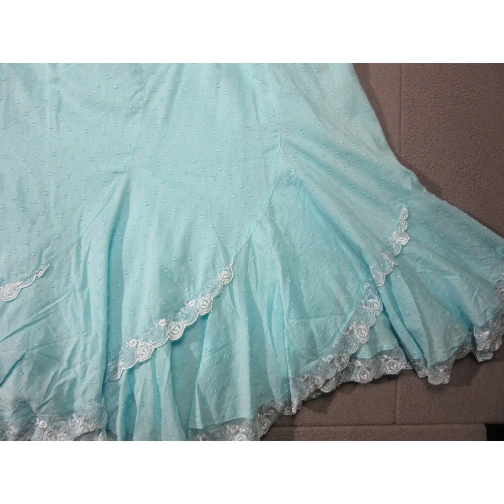Denim 24/7 Midi Skirt Womens 18W Aqua Blue Swiss Dot Lace Trim Boho Western