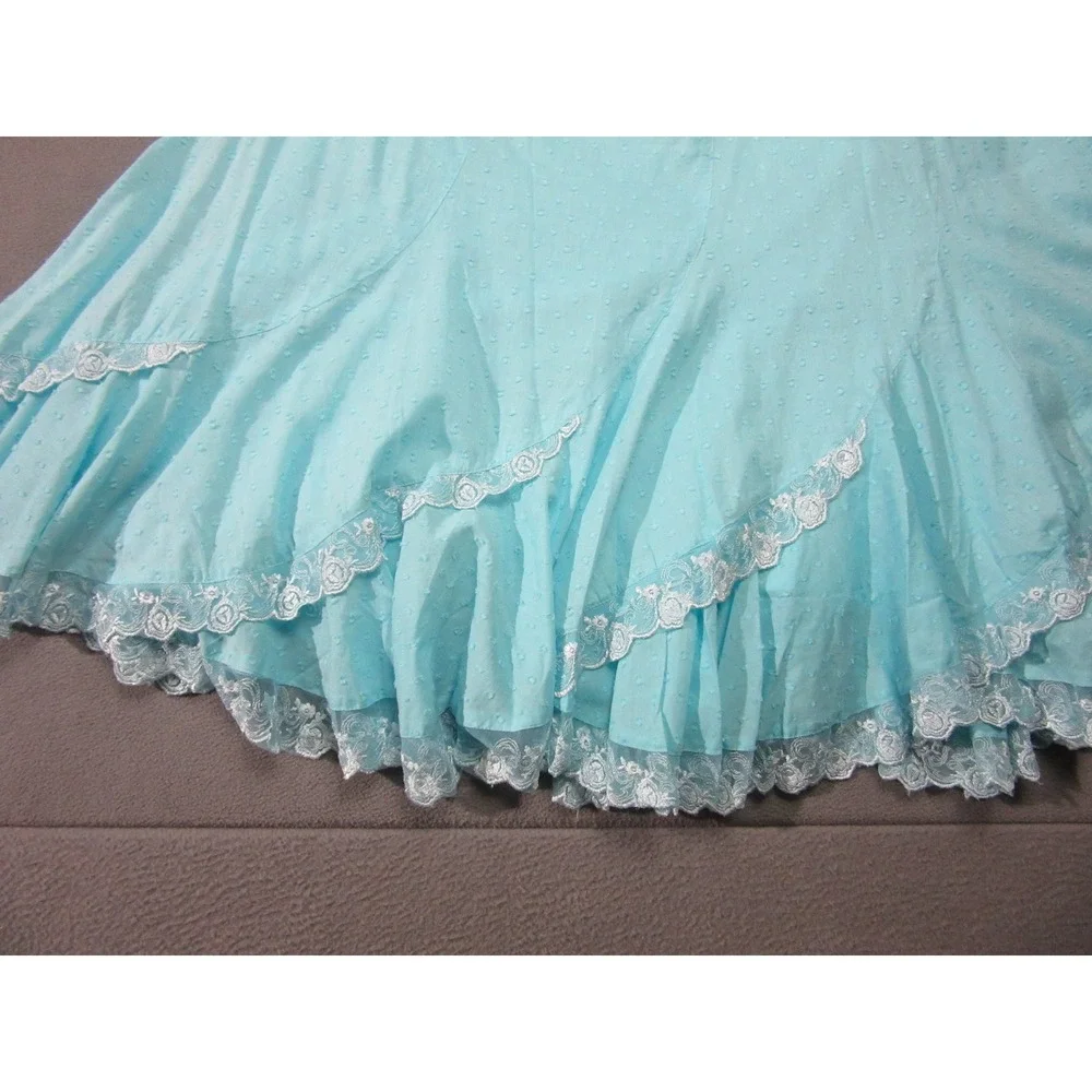 Denim 24/7 Midi Skirt Womens 18W Aqua Blue Swiss Dot Lace Trim Boho Western
