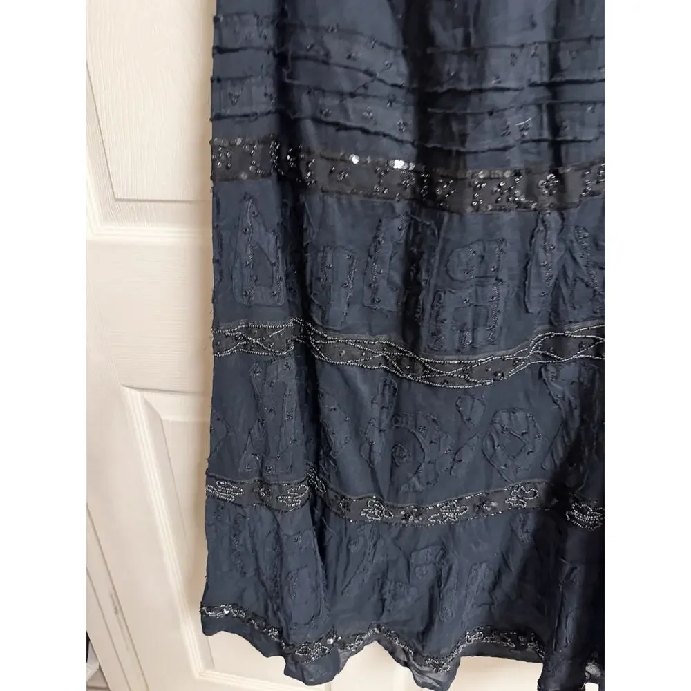 Chico’s black tuscan Crinkle maxi skirt Beaded Textured Hippie 1x 30x37 Boho New