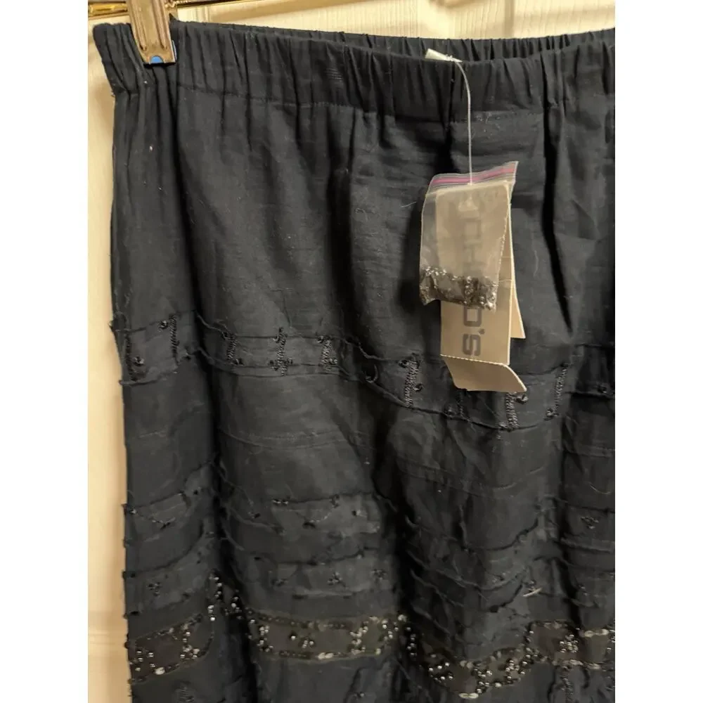 Chico’s black tuscan Crinkle maxi skirt Beaded Textured Hippie 1x 30x37 Boho New