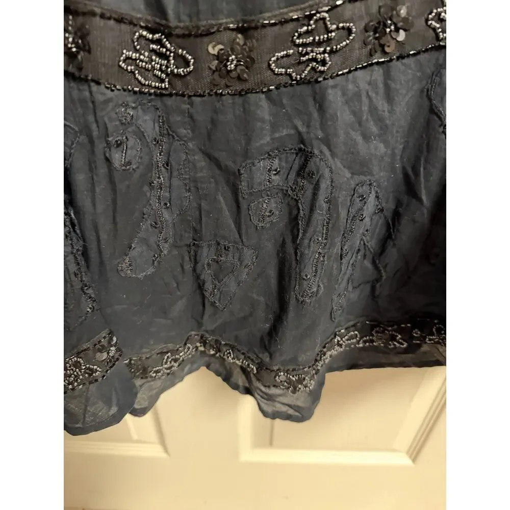 Chico’s black tuscan Crinkle maxi skirt Beaded Textured Hippie 1x 30x37 Boho New