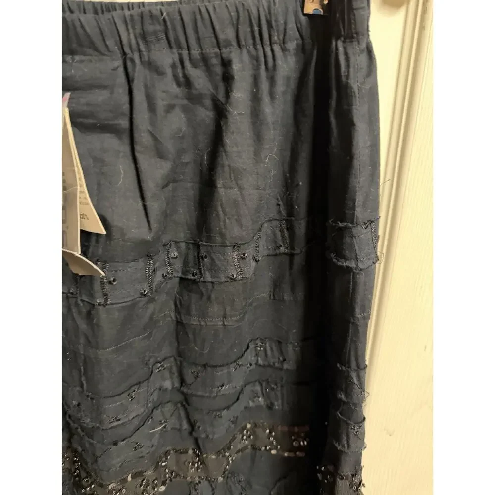 Chico’s black tuscan Crinkle maxi skirt Beaded Textured Hippie 1x 30x37 Boho New