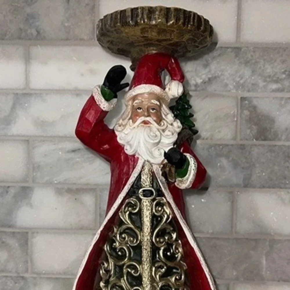Carved wood-like Santa Claus Pillar Candle Holder Resin‎ Distressed