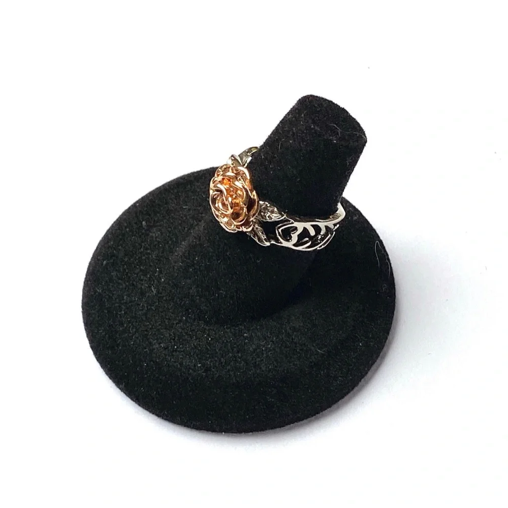 Sterling Silver Rose Ring Rose Gold Plated Flower Open Scrollwork Size 6 1/2