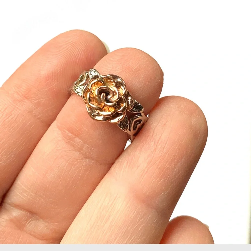 Sterling Silver Rose Ring Rose Gold Plated Flower Open Scrollwork Size 6 1/2