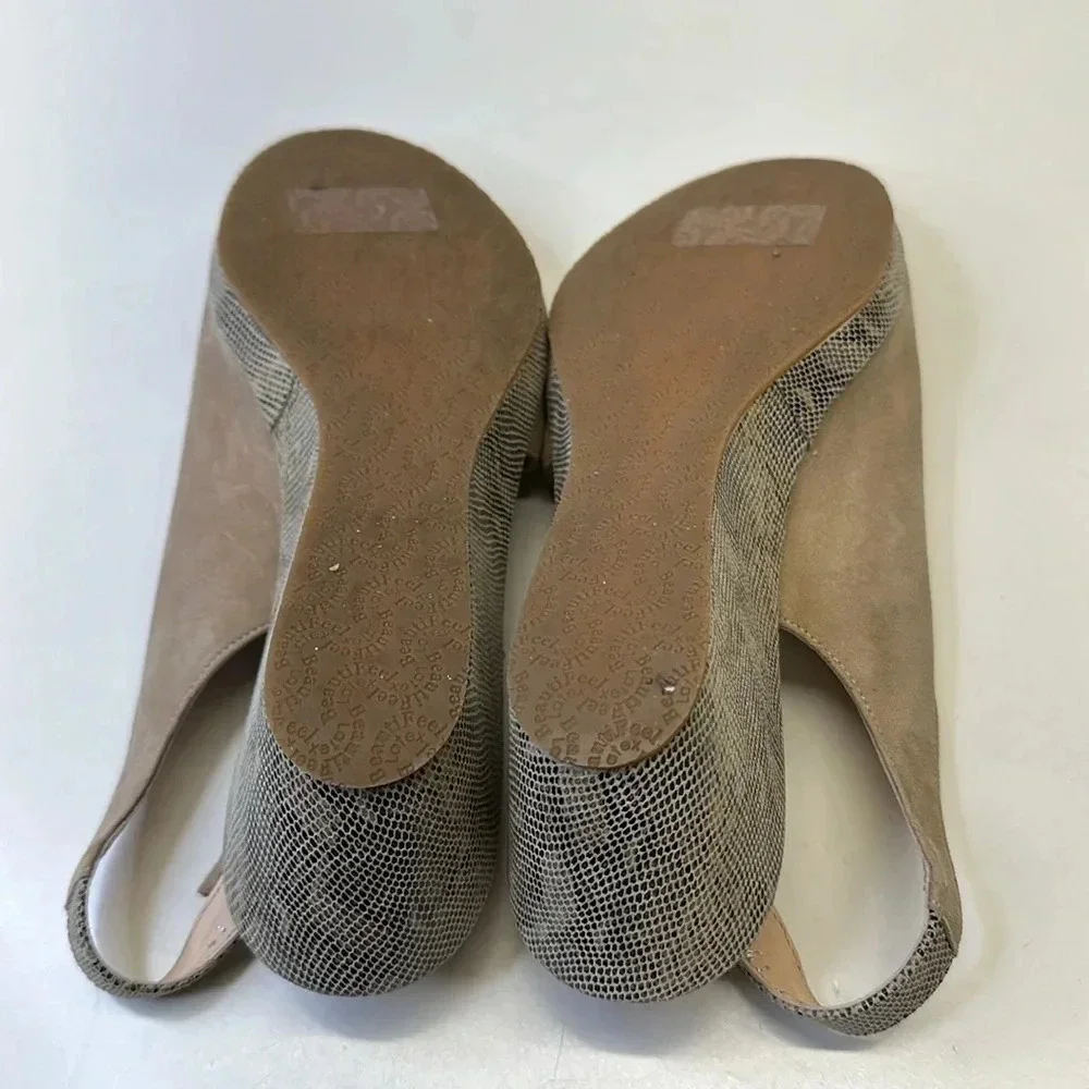 BeautiFeel Gwen Wedge Sandals Open Toe Shoes Ankle Strap Suede Tan Snake 41 10.5