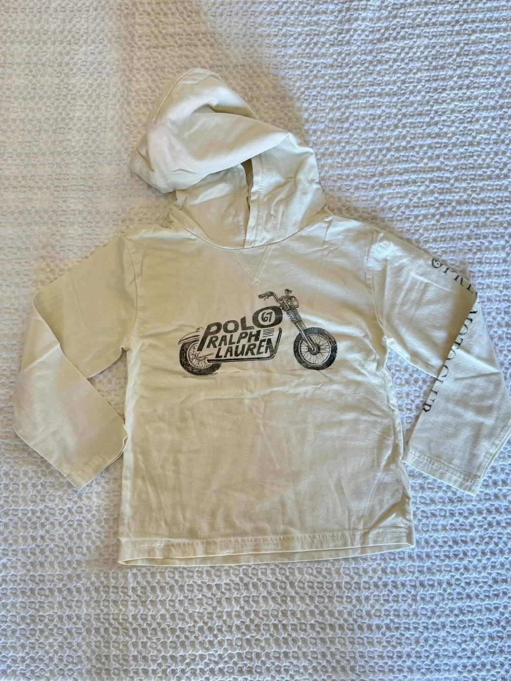 Polo Ralph Lauren Cream Hoodie Long Sleeve tees with Motorcycle Graphic