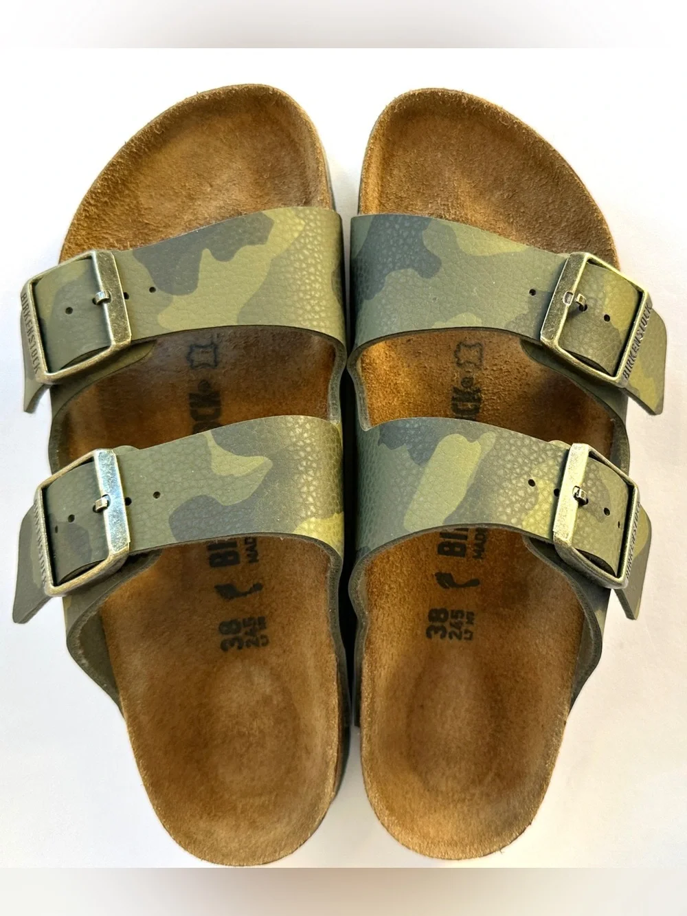 BIRKENSTOCK ARIZONA DOUBLE BUCKLE DESERT SOIL CAMO GREEN GORPCORE EUC Sz38 7-7.5