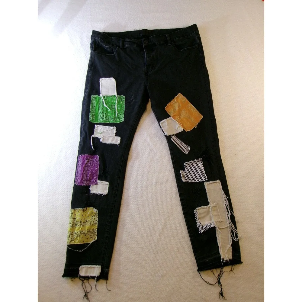 Valabasas Mens Black Bandana Patchwork Distressed Slim Fit Jeans‎ Size 40