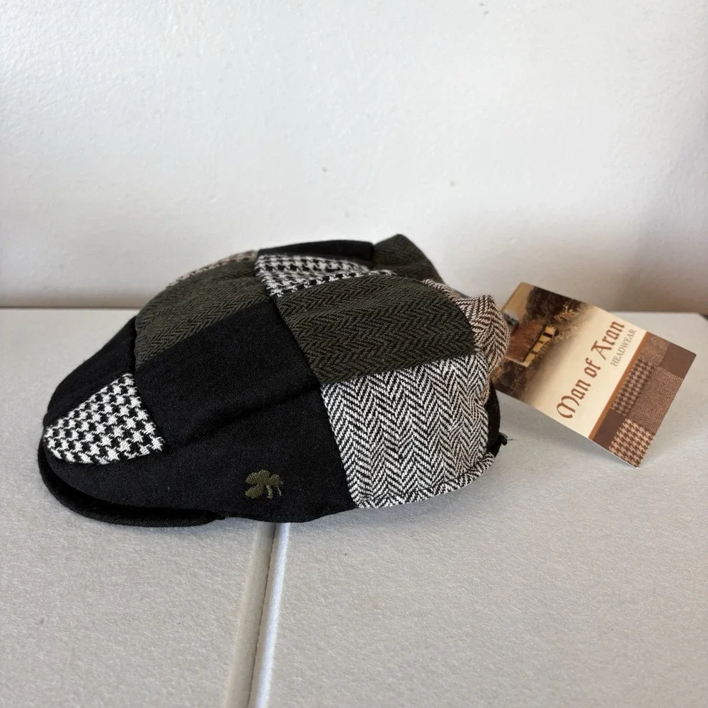 Man Of Aran Wool Newsboy Flat Cap M/L Preppy Patchwork Tweed Shamrock Ireland