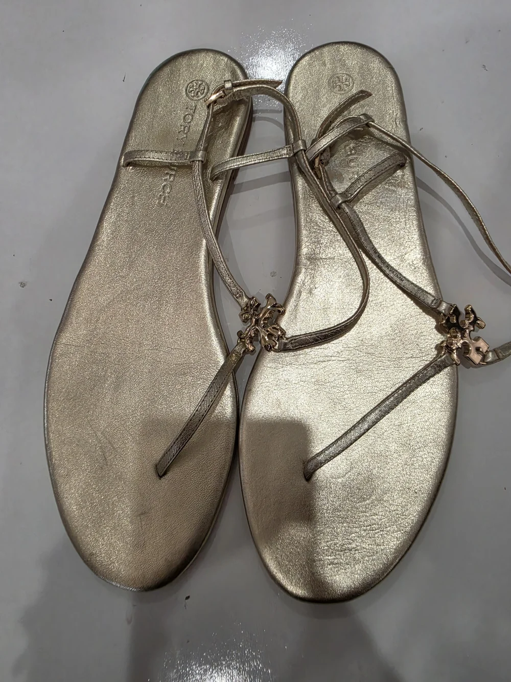 Tory Burch Metallic Gold T-Strap Sandals Size 11